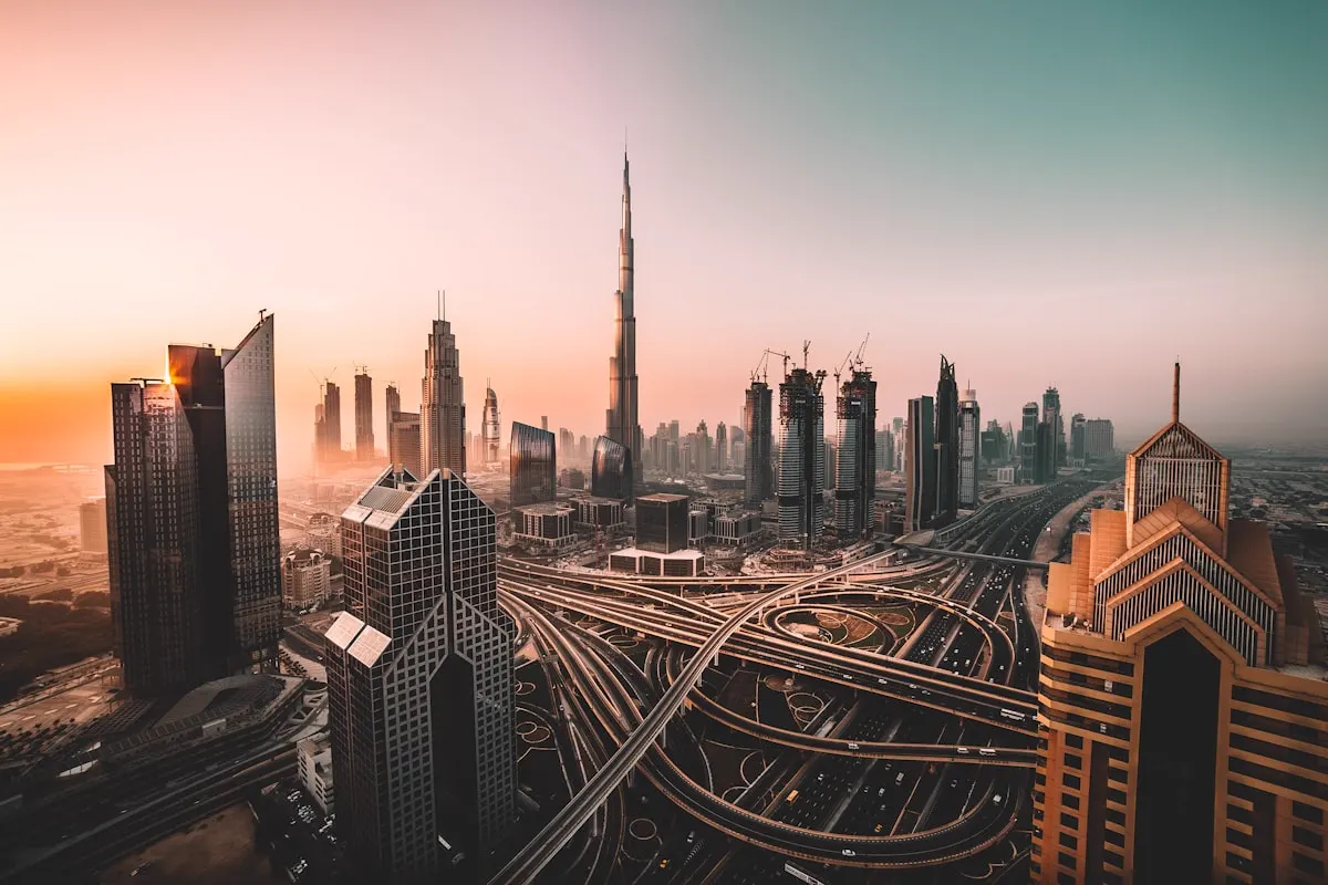 Dubai with the Burj Khalifa and Sheikh Zayed Road in the evening light