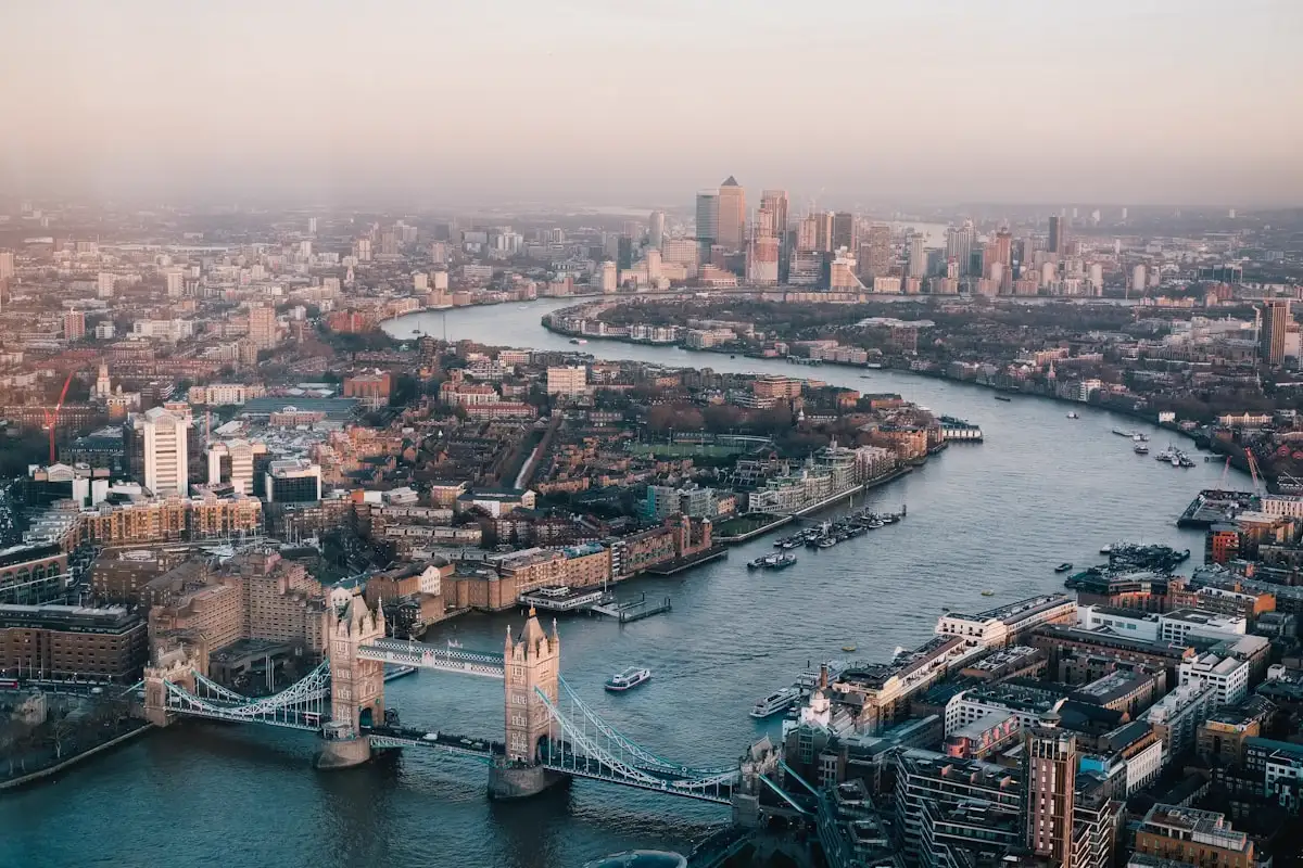 London from above with Tower Bridge and the Thames